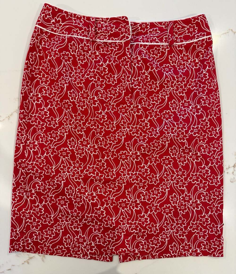 Liz Claiborne Women's Red & White Floral Print Cotton Blend Pencil Skirt Size 10